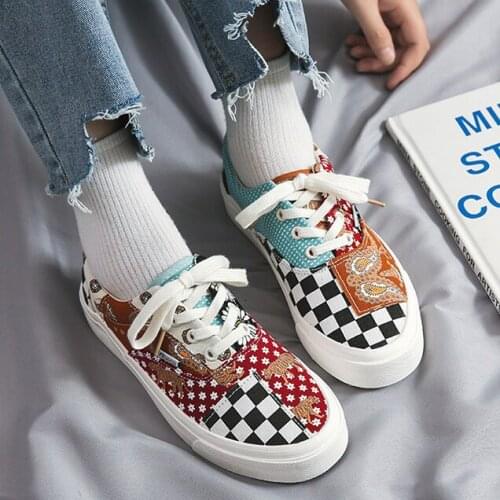 Niche Stitching Canvas Shoes Female Spring Retro Casual Trendy Student Mens Shoes Wild Cashew Flower Board Shoes Couple Shoes