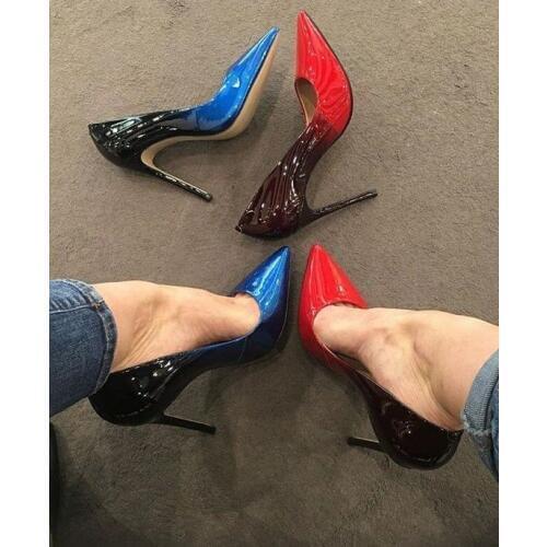 Moraima Snc Fashion Gradient Colors High Heel Shoes Sexy Pointed Toe Woman Pumps Patent Leather Super High 12CM Pumps Dress Shoe