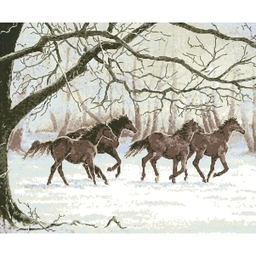 Top Quality Counted Lovely Cute Cross Stitch Kit Four Galloping Horses House in Winter Snow, black horse