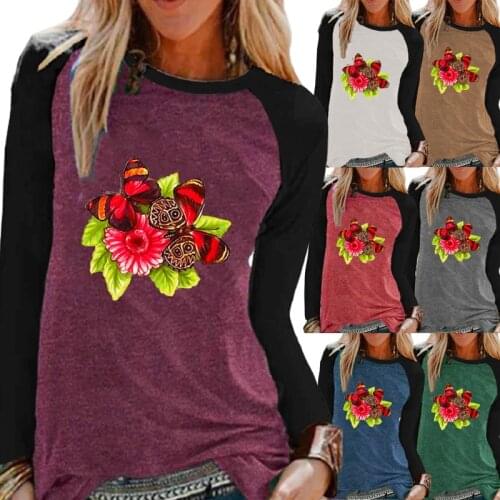 New Ladies Autumn Leisure Fashion Flower Printing Long-sleeved Shirt Round Neck Contrast Color Pullover T-shirt XS-5XL