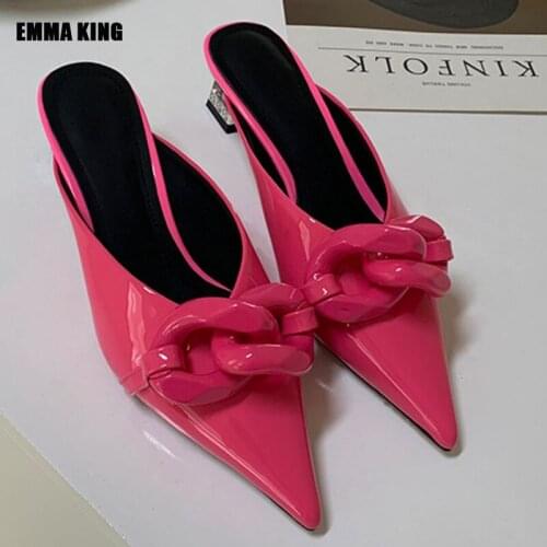 2021 Summer Candy-colored Pointed Toe Shoes Elegant Women Big Chain Pumps 5cm High Heel Stiletto Lady Office Dress Shoes