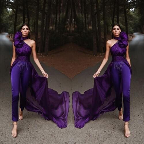 2020 Purple Evening Jumpsuit With Long Train Halter Sleeveless Prom Dress Women Pants Suit Arabia Celebrity Red Carpet Gowns