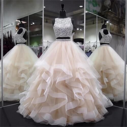 New Fashion Ball Gown Tulle Prom Dresses Beading Sequins Junior Long Puffy Custom Sexy Open Back Robe De Soiree Special Occasion