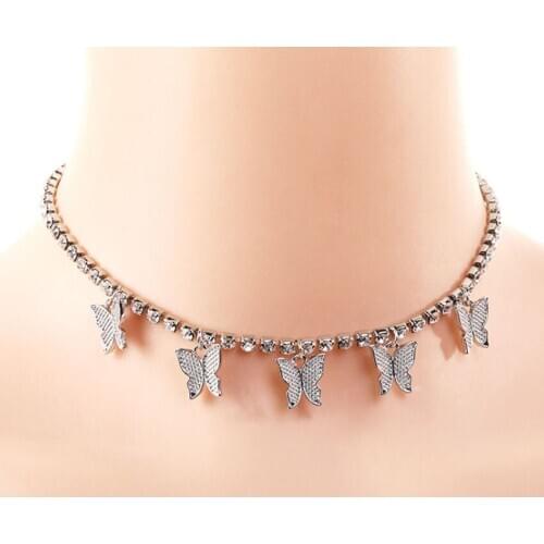 2021 Sliver Chain Butterfly Pendant Choker Necklace Women Statement Collares Bohemian Beach Jewelry Gift Collier Cheap Geometric