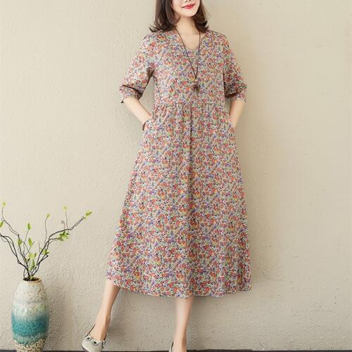 Uego V-neck Print Floral Prairie Chic Vintage Dress Soft Cotton Linen Short Sleeve Loose Summer Dress Women Holiday Casual Dress