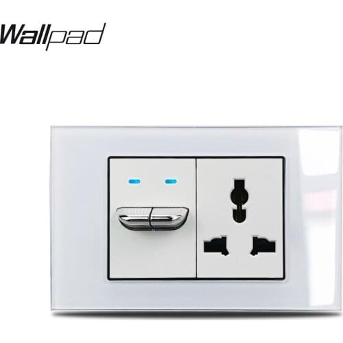 118*75mm Toggle 2 Gang Switch and Universal Socket Wallpad L3 White Glass Toggle Push Switch Button with LED and 3 Pin Socket