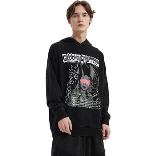 2021 Dark Streetwear Child Letter Print 100% Cotton Mens Hip Hop Hoodies Pullover Washed Retro Hooded Los Hombres Sweetshirts