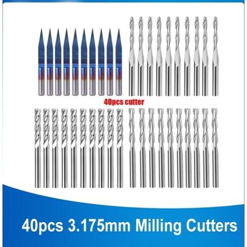 40Pcs 3.175mm End Mill Bits , CNC Router Bits Cutter Cutting Milling Tool (4 Type, Each 10Pcs) Mini PCB End Mill Carbide Rout