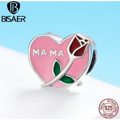 BISAER Authentic 925 Sterling Silver Mama Love Rose Flower to Mom Mother Gift Heart Beads fit Bracelet 925 Silver Jewelry ECC652