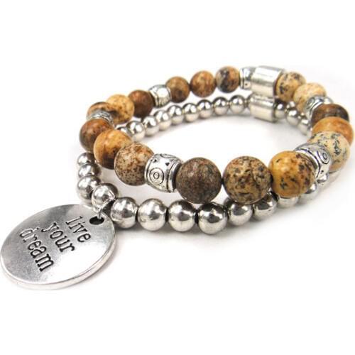 Free Shipping Fashion 8mm brown Semi preciouse Stone Beads with cute pig beads & live your dream charm Women gift Bracelet