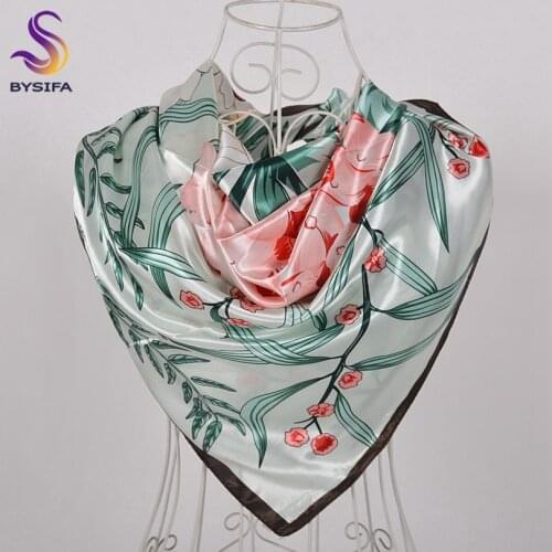 BYSIFA|Light Green Elegant Silk Scarf Shawl Women Luxury Large Square Scarves Hijabs Spring Autumn Female Floral Design Scarves