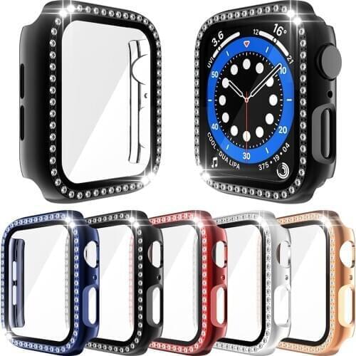 PC Cover with Tempered Glass Film for Apple Watch SE Case Series 6 5 4 3 Diamond Bumper 40mm 44mm 42/38mm Screen Protector Shell