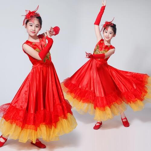 Modern Children Spanish Flamenco Skirt Gypsy Spanish Dance Costumes Girls Bullfighting Skirt Chorus Folk Dance Dresses DL4216