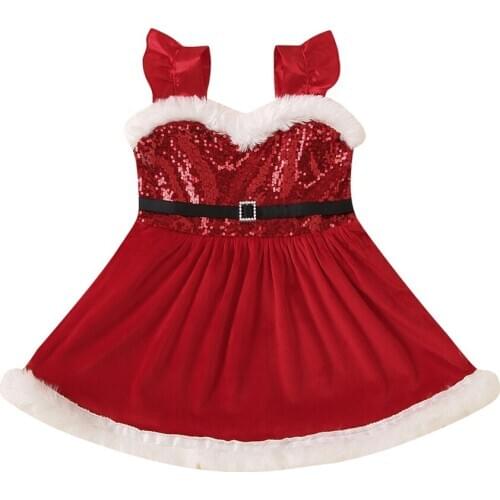 Baby Girl Christmas Gowns Costume Sequins Braces Sling Dress Toddler Kids Sleeveless Shiny Elastic Waist Belt Dresses 1-5Y