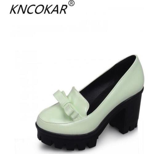 KNCOKAR 2018 New style ladies fashion bowknot large size round head temperament bright patent leather thick sinle - heeled shoes