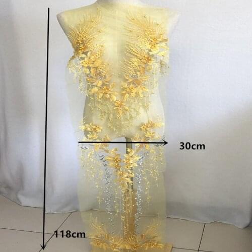 Nice Yellow 3D beads mesh Embroidery lace fabric trim ribbon DIY sewing applique collar cloth wedding dress craft Accessory