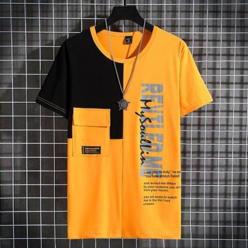 Summer men t-shirts short sleeve patchwork high street tees letter plus size 8XL 9XL 10XL man 160KG tops loose yellow tshirt