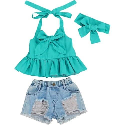 Lioraitiin 3Pcs 1-6Years Toddler Baby Girl Fashion Clothing Set Sleeveless Solid Top Dress Demin Hole Shorts Headband Outfit