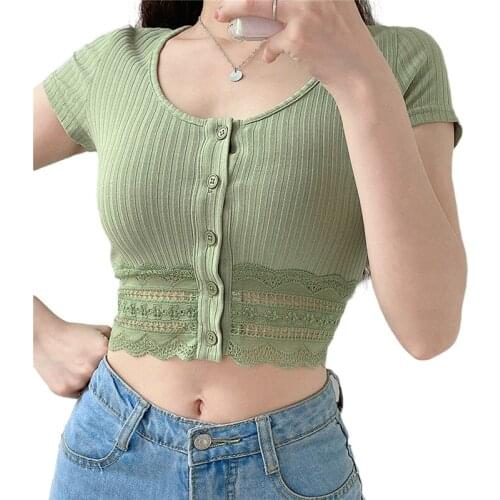 Fashion Knitted Women Solid Lace Casual Green Summer Cardigan Korean Style Lady Sexy Top Summer Short Sleeve Hollow Outfit