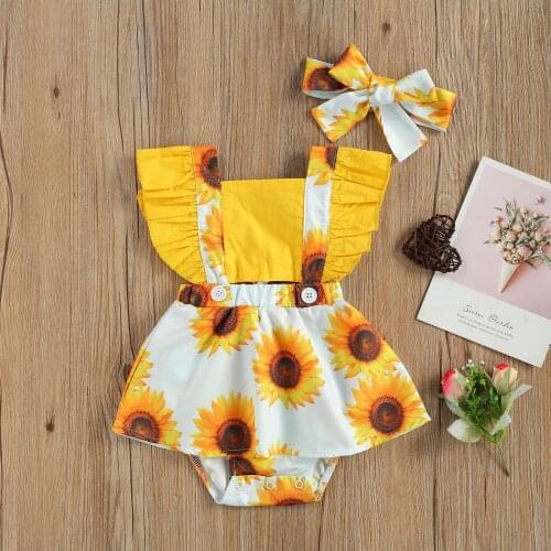 0-24M Summer Clothes Lovely Baby Girls Rompers Sunflowers Print Ruffles Fly Sleeve Backless Jumpsuits Headband 2PCS