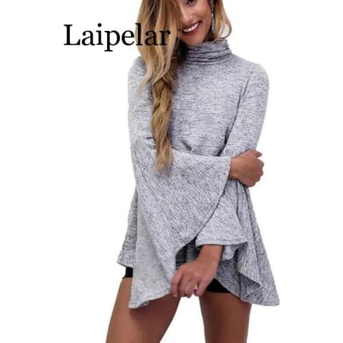Autumn Gray 2020 Turtleneck Casual Women Blouse Long Sleeve Knitted Winter Back Slit Office Work Ladies Blusas Shirt Tops