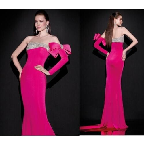 Stunning Tarik Ediz Prom Dresses Beaded Big Bow Mermaid Long Sleeve Floor Length Formal Evening Dress 2015 Party Dresses