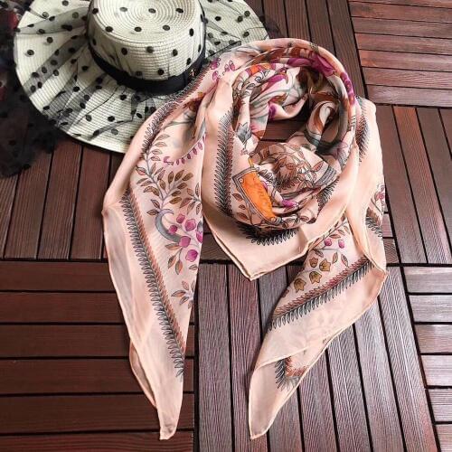 2020 new arrival spring summer flower design 100% silk chiffon scarf twill hand made roll 140*140 cm shawl wrap for women lady