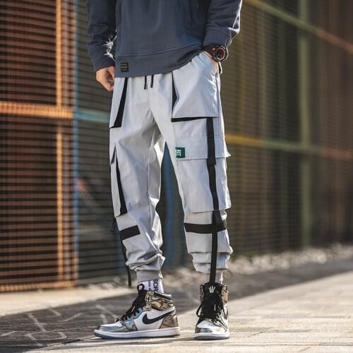 Mens Joggers Pants Multi-Pockets Ankle-Length Harem Trousers Men Ribbons Streetwear Joggers Men Casual Slim