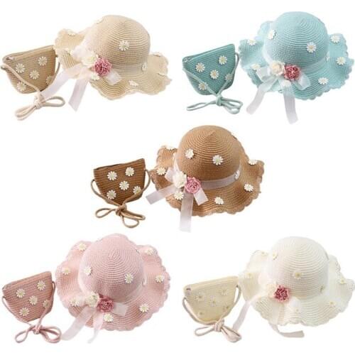 NEW Summer Baby Flower Breathable Hat Straw Hat With Handbag Bags Kids Hat Boy Girls Sun Visor UV Protection Panama Hat