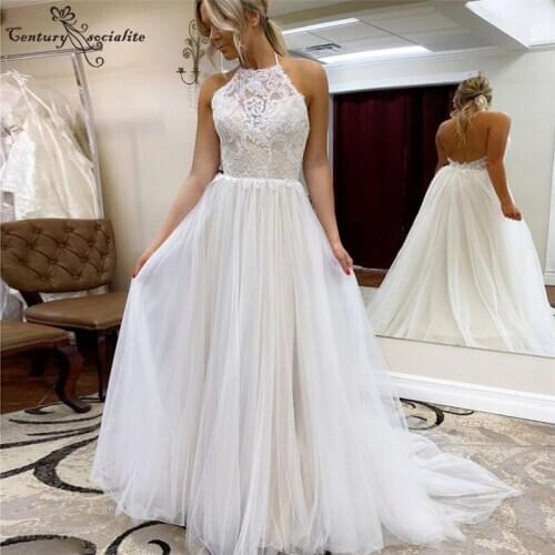 Boho Wedding Dresses 2020 Beach Bridal Dress for Women Lace Appliques Halter Backless A-Line Bride Gowns Vestido De Noiva