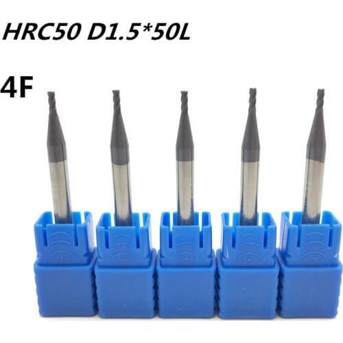 5Pcs 4F-D1.5*50L HRC50 Carbide Square Flatted End Mill 4 flute mill diameter 1.5mm High-speed milling machine Milling Cutter