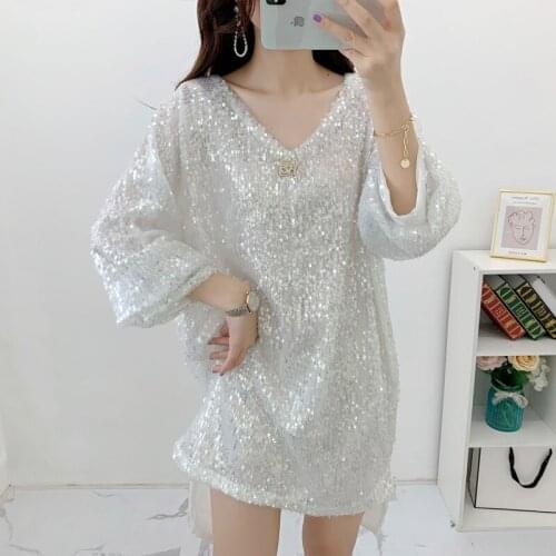 Ladies 2 Colors Pile Up Sleeves V-neck Heavy Industry Sequined Loose Glitter Top Pink White One Size Dress Women 6180