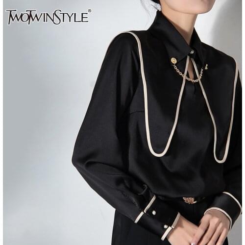 TWOTWINSTYLE Temperament Patchwork Chain Womens Shirt Lapel Long Sleeve Cut Out Loose Blouses Female 2021 Summer Fashion New