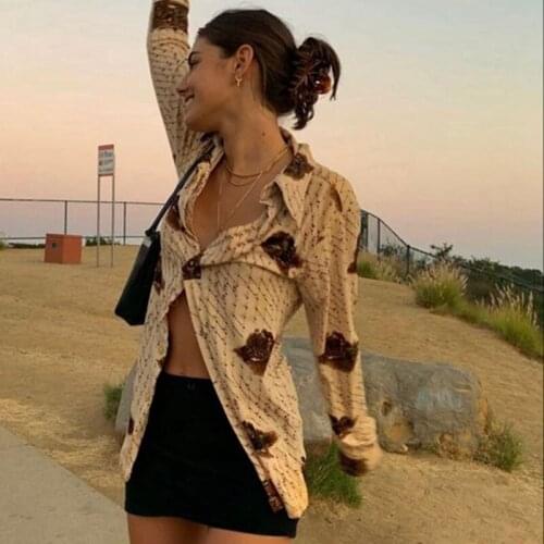 Female Fashion Shirt Top 2000s Vintage Women Shirt Button Long Sleeve Blouse Y2K Aesthetic Autumn Spring Clothes Streetwear