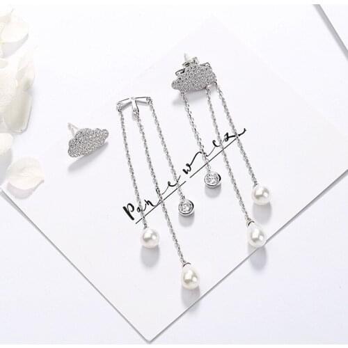 Hot Sale AAAAAAA CZ Long Chain Tassel Dangle 925 Sterling Silver Earrings For Women Statement Korean Freshwater Pearl Earrings