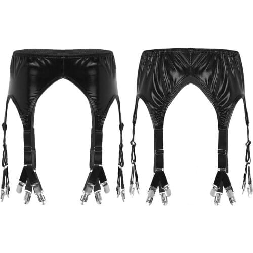 Womens Vintage Shiny Exotic Accessories Garter Belts with Elastic Straps Duck-Mouth Clips for Holding Stockings latex Clubwear