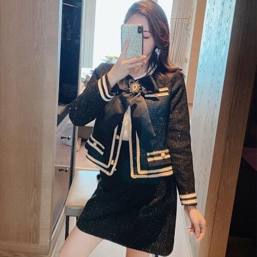 BLLOCUE Women Autumn Skirt Two-Piece Set 2020 New Bow Ssequins Female Autumn Temperament Elegant Fashion Chic Suit