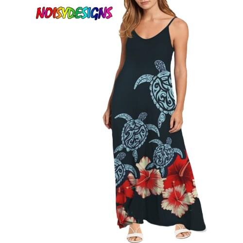 NOISYDESIGNS Women Sleeveless Summer Dress Polinesian Turtle Hibiscus Printing 2021 Casual Spaghetti Strap Dresses Sundress New