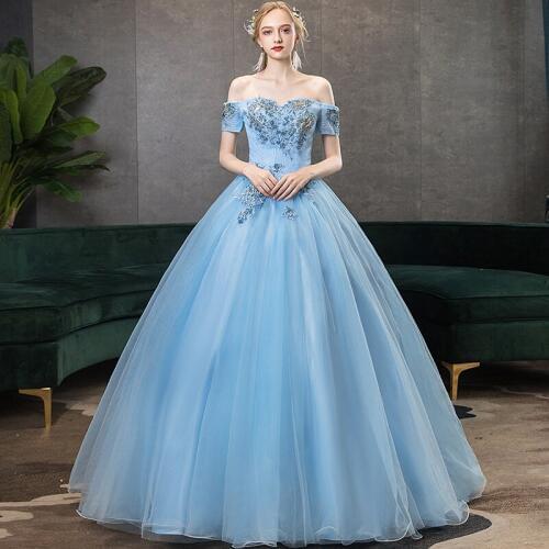 New Off The Shoulder Short Sleeves Luxury appliques Party Vestidos 15 Anos Vintage Quinceanera Dresses Blue Quinceanera Gown