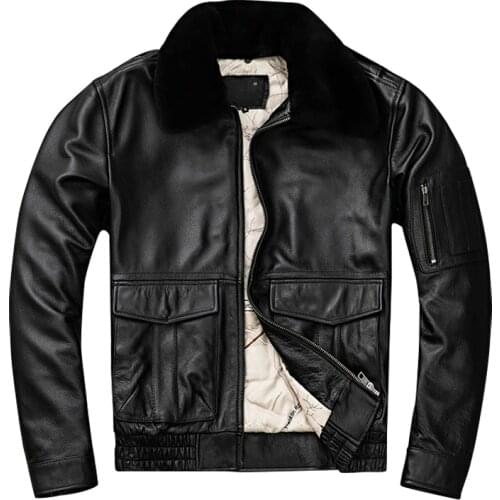 Winter clothes plus cotton leather jacket mens first layer slim jacket pure leather flight suit plus size fur collar winter