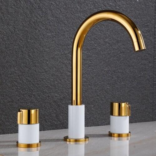 Gold Bathroom Widespread Basin Faucet Brass & Ceramics Sink Mixer Hot & Cold Lavatory Crane Vessel 2 Handle 3 Hole Chrome/Black