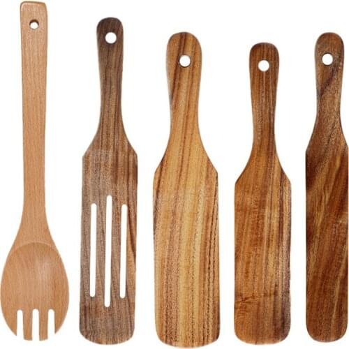 5 Pcs Teak Cooking Spatula Spoon Kit Salad Spatula Spatula Non-Stick Frying Spatula Durable and Heat-Resistant