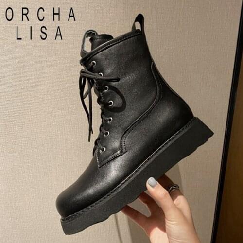 ORCHALISA Genuine Leather High Platform Flat Strap Mid Calf Bootie Woman Winter Zapatillas Mujer Chelsea Boots Plus Size 42 43