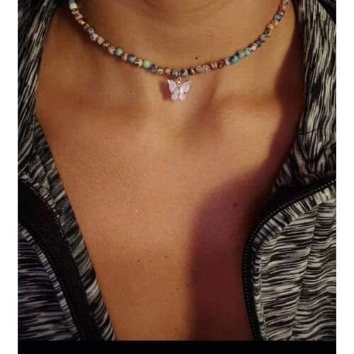 HaHaGirl Crylic Butterfly Pendant Necklaces For Women Girls 2021 Shiny Sweet Necklace Elegant Choker Fashion Summer Jewelry Gift