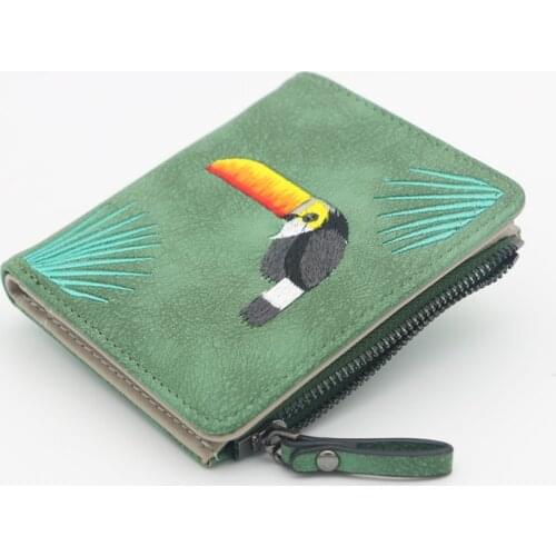 Wallet Women Bird Embroidery Portefeuille Femme Zipper Hasp Short Purse Leather Card Holder Green Blue Pink Black Women Wallets