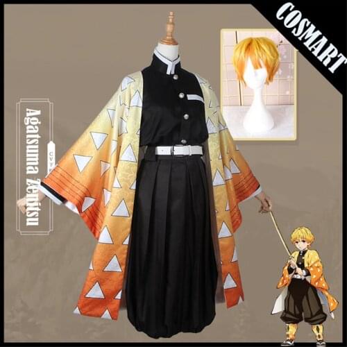 Anime!Demon Slayer Kimetsu no Yaiba Agatsuma Zenitsu Cosplay Costume Kimono Uniform Halloween Suit For Women Men Outfit New