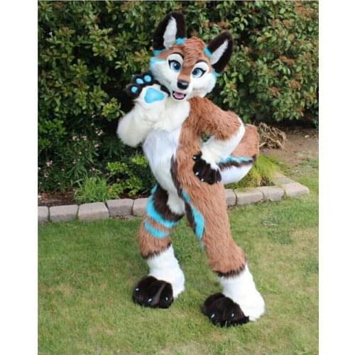 Halloween Long Fur Fox Husky Dog Wolf Fursuit Mascot Costume Suits For Adults Outfits Handmade Cartoon Character Mascot Costume