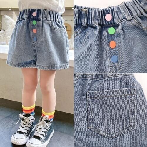 Fashion Children Shorts Pants For Boys Girls Summer Denim Jean Shorts Colored Button Elastic Waist Baby Casual Shorts 2 4 5 6 7