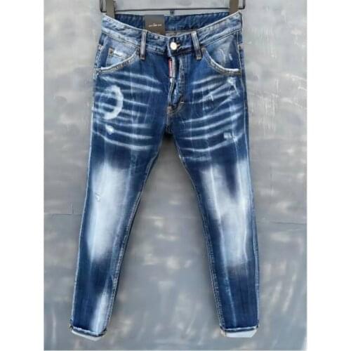 New Tattered Paint Stitching Mens Slim Stretch Jeans Light Blue Embroidered Motorcycle Pants 9138