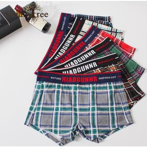 Mens Underwear Cotton Plaid Sexy Boxer Briefs Loose Large Size Breathable Tight Panties